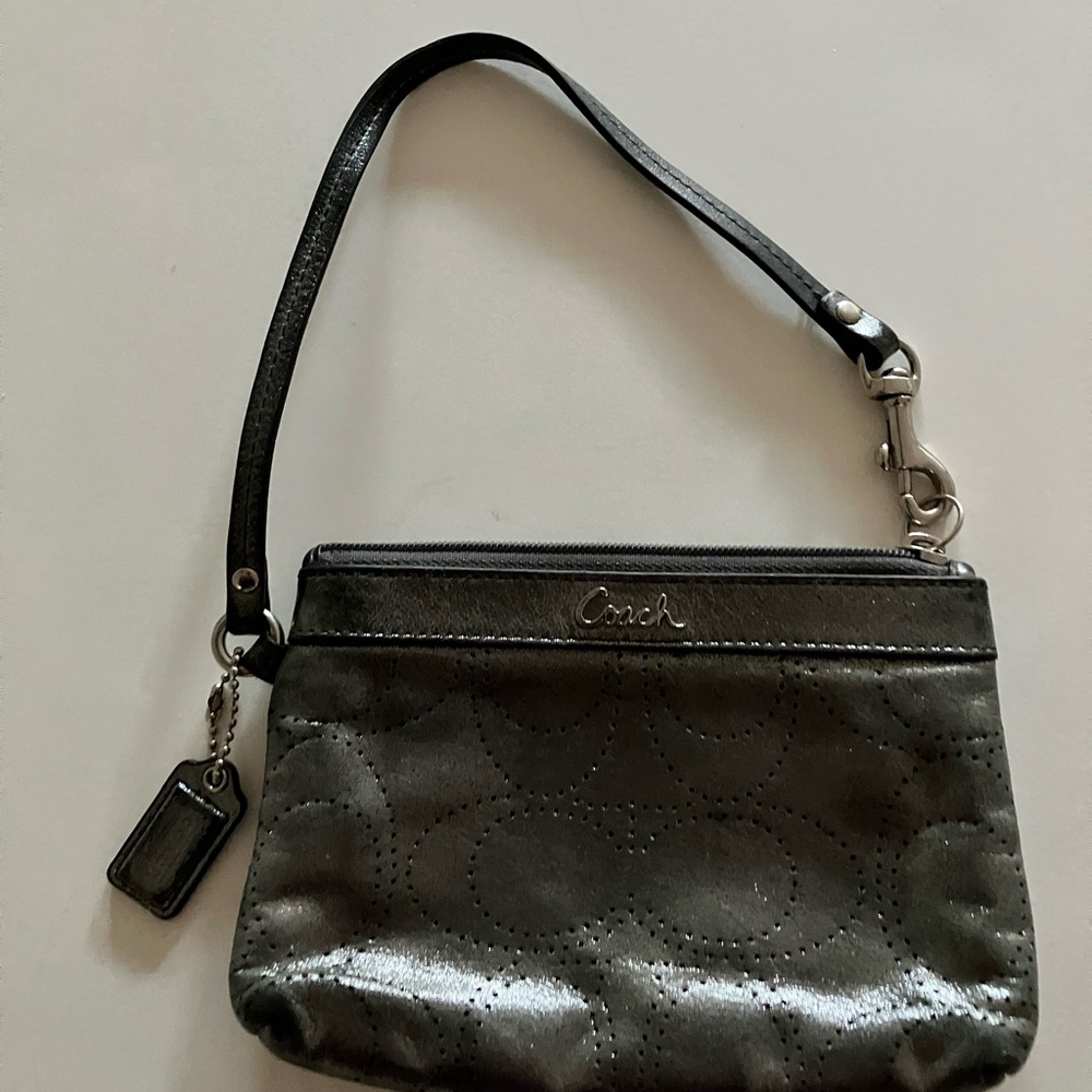 Coach Metallic Black Leather Wristlet with Signature Perforation